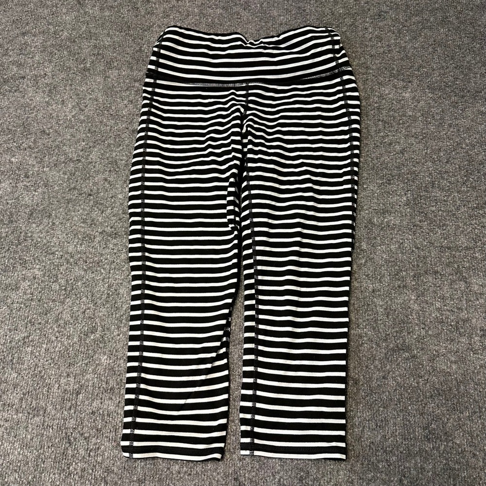 Athleta Leggings Womens Size S Black White Striped Cropped High Rise Athletic